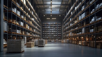 Poster - Interior of a logistics warehouse showing high shelves and stored inventory, highlighting the vast amount of goods prepared for shipment.
