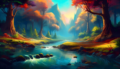 Beautiful forest nature landscape with river, colorful illustration painting