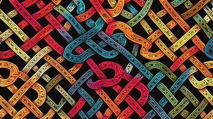 Poster - A seamless pattern of traditional Chinese knotwork, featuring intricate interweaving of colorful threads and auspicious symbols.