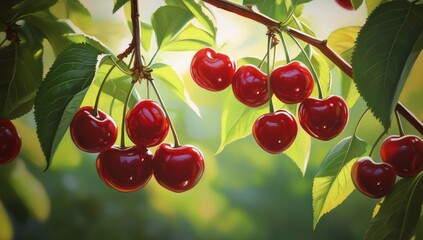 Wall Mural - A close up of vibrant red cherries hanging from the branches in an orchard, with sunlight filtering through