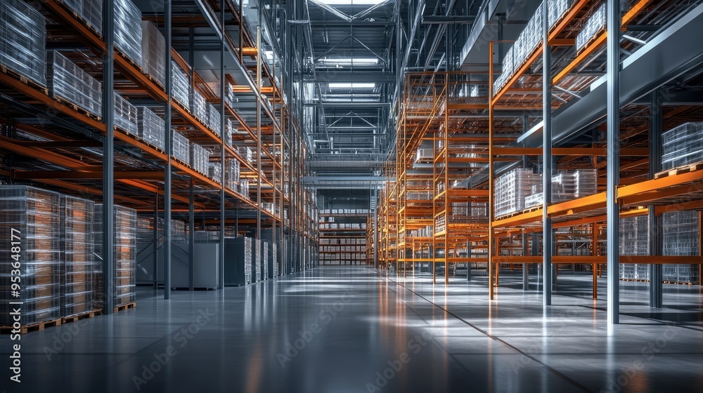 Interior of a logistics warehouse with a focus on the vast network of ...