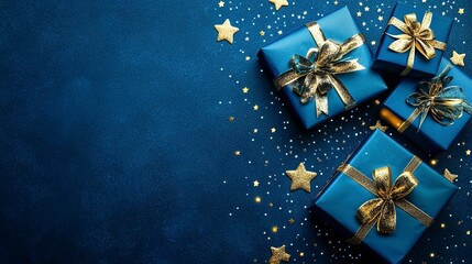 Canvas Print - blue gifts with golden bows and ribbons placed on blue background near stars