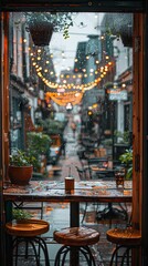 Wall Mural - Rainy city street with wooden frame in cozy urban cafe. Moody grays and soft lights