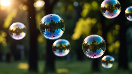 Soap bubbles floating in the air in a city park at sunset