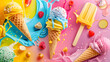 © Sabahat - different ice cream cones and popsicles in bright, fun colors. plashes of melted ice cream and cheerful text with a sunny background