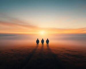 People standing in an open field surrounded by fog as the sun sets, creating an ethereal atmosphere, mystery, sunset, nature, fog