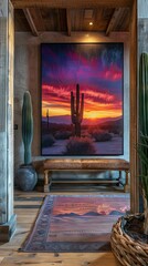 Wall Mural - Sunset desert scene with wooden frame in southwestern-themed home. Warm reds and deep purples