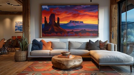 Wall Mural - Sunset desert scene with wooden frame in southwestern-themed home. Warm reds and deep purples