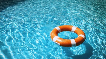 Life buoy floating on the surface of a sparkling blue swimming pool, emphasizing its role in preventing drowning and enhancing water safety. -