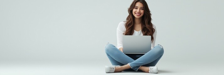 Aufkleber - A young woman is engaging with her laptop for business purposes in a sleek and modern environment that promotes creativity and productivity, reflecting her ambition and entrepreneurial spirit