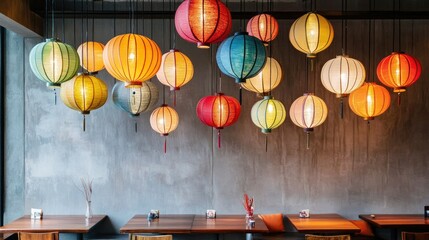 Leinwandbilder - A collection of Thai paper lanterns hanging from a ceiling in a restaurant, with a blank wall behind them.