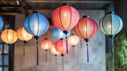 Leinwandbilder - A collection of Thai paper lanterns hanging from a ceiling in a restaurant, with a blank wall behind them.