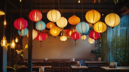 Leinwandbilder - A collection of Thai paper lanterns hanging from a ceiling in a restaurant, with a blank wall behind them.