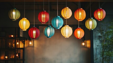 Leinwandbilder - A collection of Thai paper lanterns hanging from a ceiling in a restaurant, with a blank wall behind them.
