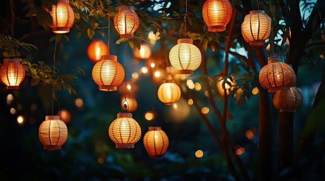 A collection of Thai paper lanterns hanging from trees, creating a festive atmosphere with a clear space for your message.
