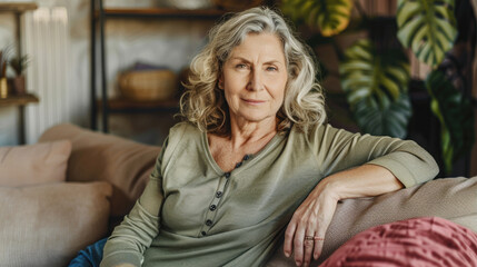 A thoughtful senior woman relaxes on a couch, enjoying the ambiance of a warm and inviting living space filled with greenery