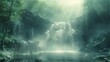 © Infinity - A misty waterfall cascades down a rocky cliff into a serene pool, surrounded by lush green foliage.