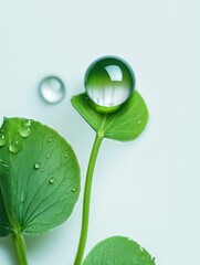 Wall Mural - Two drops of water on a leaf, one of which is reflecting the other