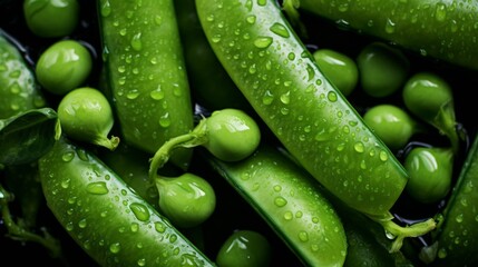 Wall Mural - Pile of fresh peas with glistening droplets of water. Advertising photography. Neural network ai generated art