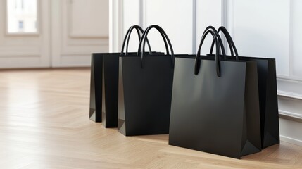 Perspective view on blank black paper shopping bags with place for your brand name or text on light wooden parquet floor near partition and white wall background, close up. 3D rendering, mockup.