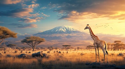 beautiful looking giraffe with mountain view in the background