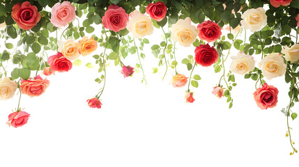 White background with colorful roses hanging beautifully in full bloom.