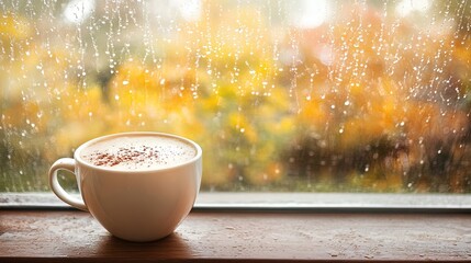 White coffee cup on windowsill with rainy autumn scene outside yellow and orange foliage