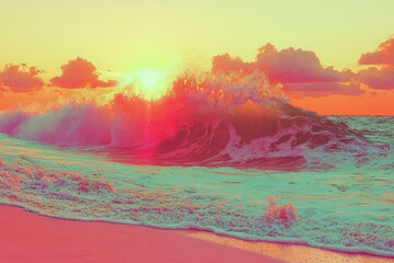 Poster - Sunset Over a Breaking Ocean Wave with Pink and Green Hues