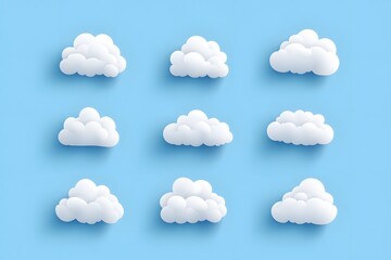 Nine fluffy white clouds with soft shadows on a blue background.