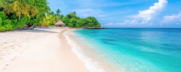 Wall Mural - Beautiful tropical beach with sand,turquoise water,palm tree and blue sky.