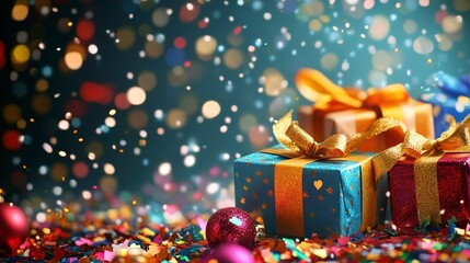 Poster - colorful gift boxes on abstract background, christmas gifts, decorated gifts, gift box background