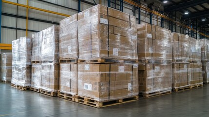 Pallets of wrapped packaging boxes in a warehouse storage facility. Ideal for visualizing the organization of inventory and the logistics of supply chain distribution.