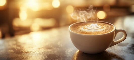 Close up of a perfectly crafted latte featuring delicate foam art served on a wooden table in a warm inviting cafe setting  The steam rising from the cup adds to the cozy relaxing atmosphere