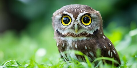 Close-up of a small owl with bright yellow eyes perched in green grass.