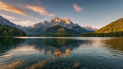 Kanas Lake, Xinjiang A serene alpine lake with iridescent turquoise water, surrounded by dense, emerald green forests and snow-covered mountain peaks adorned with towering granite spires.