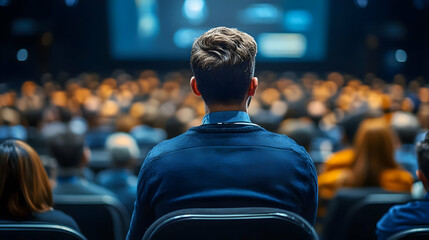 Sticker - A man sits in a large crowd, listening to a speaker.