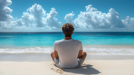 Canvas Print - A man sitting on a sandy beach with his back to the camera, gazing at the ocean with a beautiful blue sky and puffy clouds.