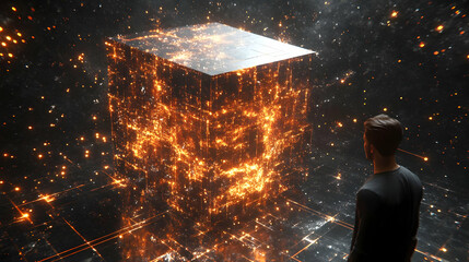 Wall Mural - A man stands in awe as he gazes upon a glowing cube in a futuristic, digital space.