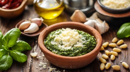 Wall Mural - Pesto pasta with traditional Italian ingredients on rustic table