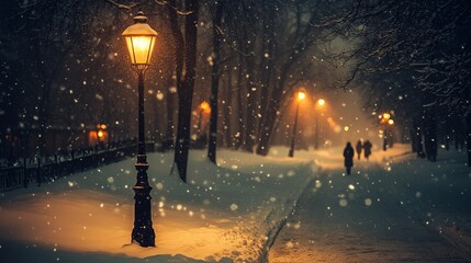 A snowy evening in a quiet park illuminated by warm streetlights, with people walking in the distance through the falling snowflakes