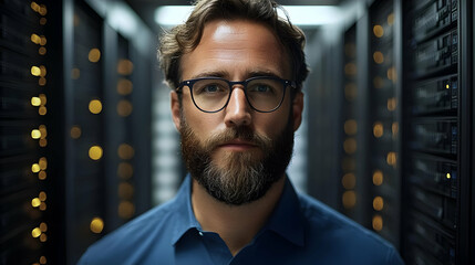 Poster - A man with a beard and glasses in front of a server rack.