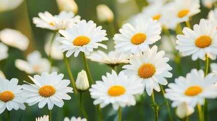 The landscape of white daisy blooms in a field 