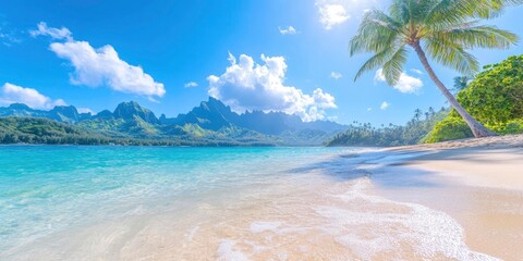 Wall Mural - Gorgeous beach with waves of blue ocean and an abundance of greenery on a sunny,bright day