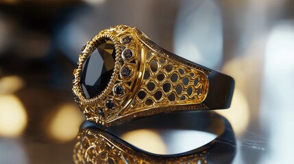 Elegant gold ring with a large black gemstone and intricate detailing, placed on a reflective surface with soft lighting