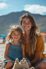 Caucasian mother and daughter build a sand castle on the beach, family is happily doing activities together.