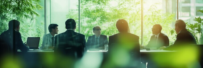 Aufkleber - Modern offices host diverse professionals collaborating on innovative business strategies. Executives align visions while vibrant greenery and advanced tech boost creativity and productivity