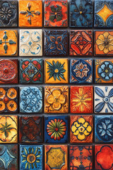 Brightly colored tiles with traditional patterns. Arranged neatly on the wall, each tile is painted with a unique design.