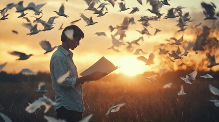 Poster - A man standing in a field with a book in front of a flock of birds.