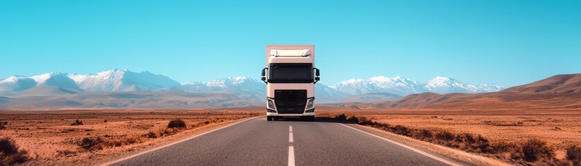 A large truck drives down a deserted highway, surrounded by mountains and clear blue sky, symbolizing freedom and adventure.