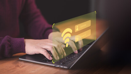 Poster - Male user searching and connect for free wifi on his a computer laptop in the hotel. Concept of technology connectivity and connection problems to wifi by computer.